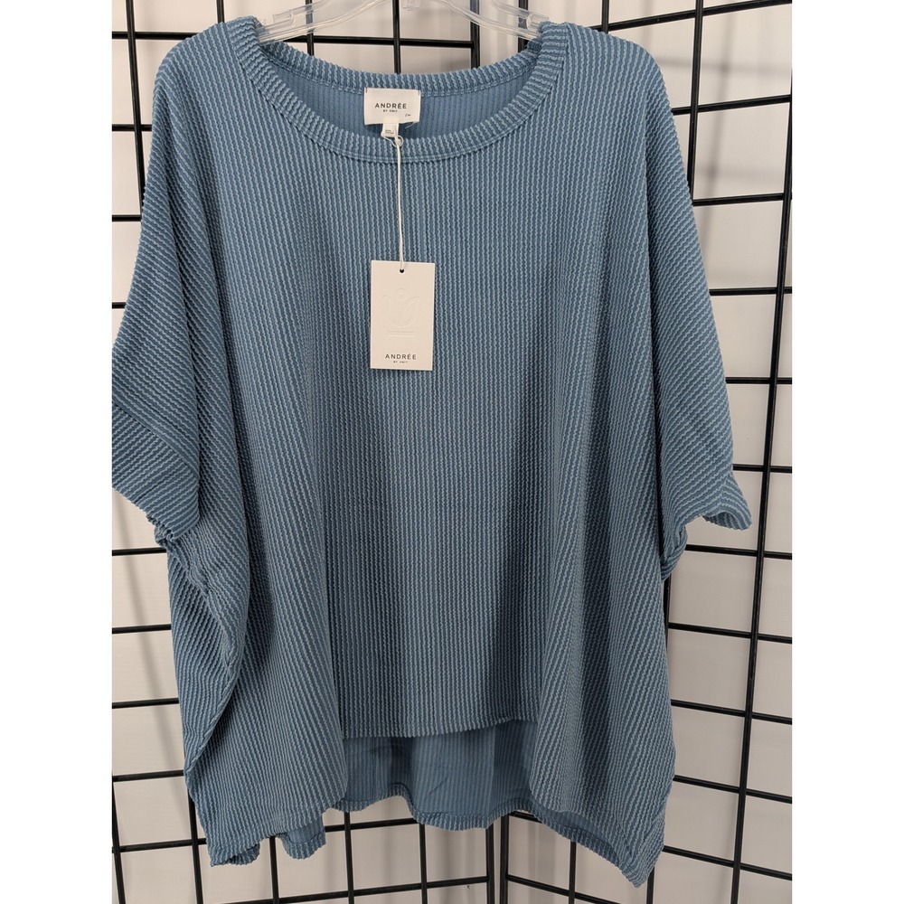 Andree by Unit Top Women L/XL Blue New Waffle Knit Oversized Short Sleeve MHS57